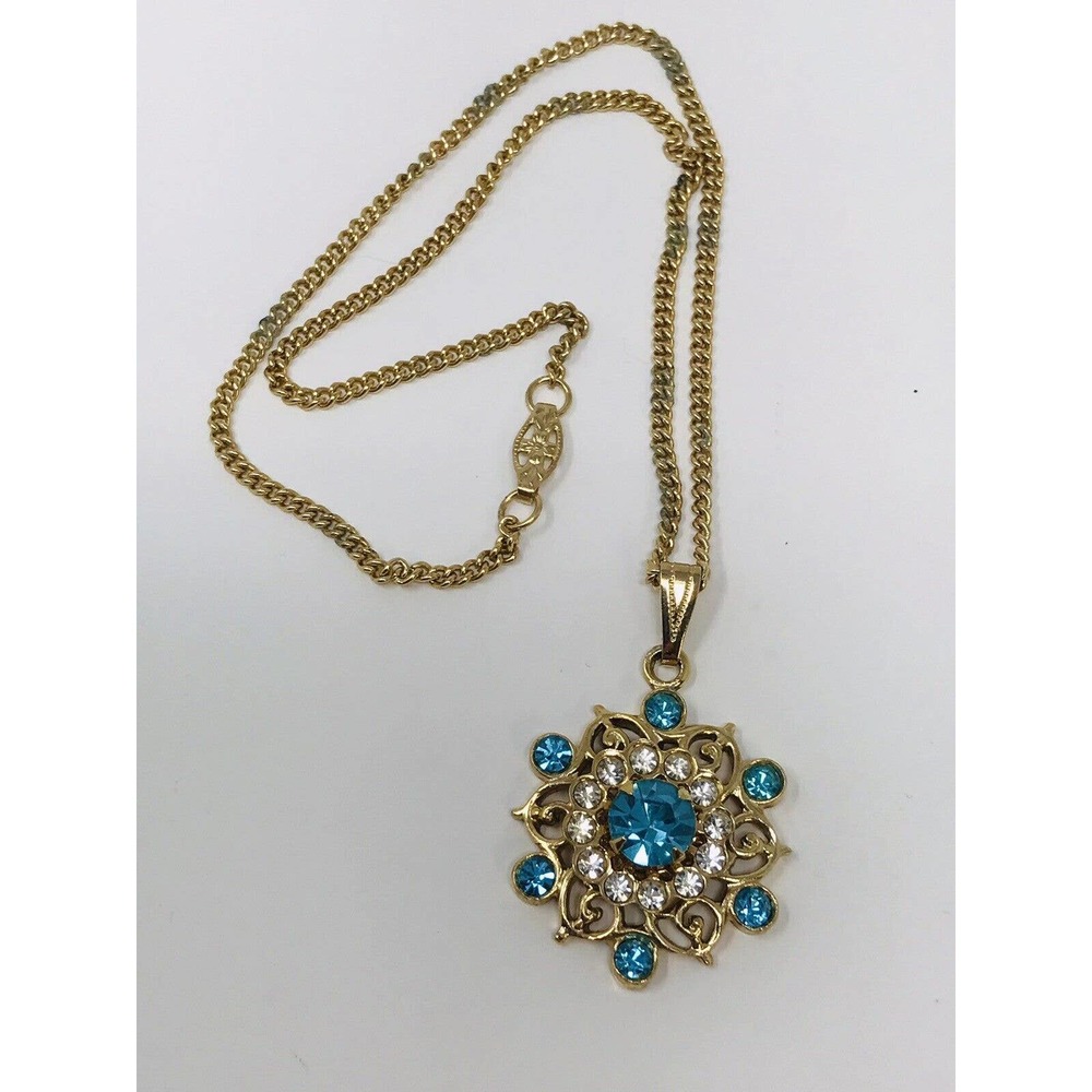Aqua Blue Large Rhinestone Pendant on 16" Chain Gold Tone Openwork Vintage